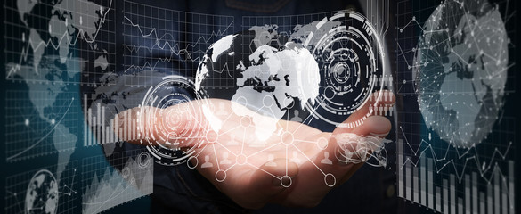 Poster - Businessman holding digital charts and globe