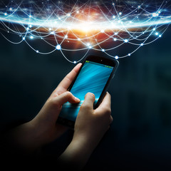 Poster - Businesswoman connected his mobile phone to the world