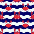 Happy crabs pattern, Seamless nautical pattern with cute crabs and striped background