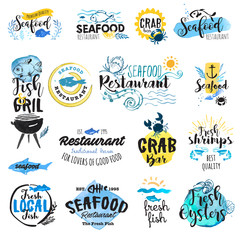 Wall Mural - set of hand drawn watercolor labels and badges of seafood. vector illustrations for graphic and web 