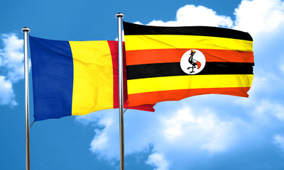 Romania flag with Uganda flag, 3D rendering