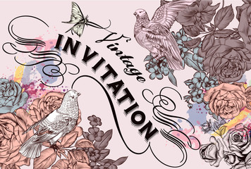 Poster - Vector illustration with pigeons and flowers