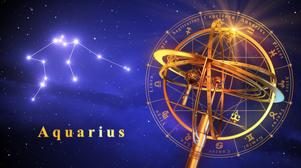 Wall Mural - armillary sphere and constellation aquarius over blue background