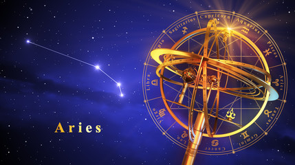 Wall Mural - armillary sphere and constellation aries over blue background