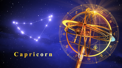 Wall Mural - armillary sphere and constellation capricorn over blue background