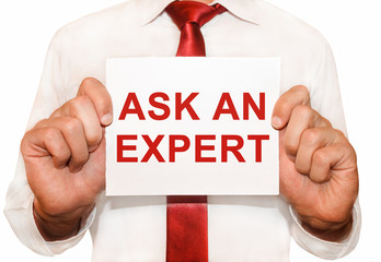 Poster - man holding a card with a text ask an expert.