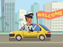 Welcome Taxi. Greeting Taxi. Happy Taxi Driver. Yellow New York Taxi. Vector Flat Cartoon Illustration