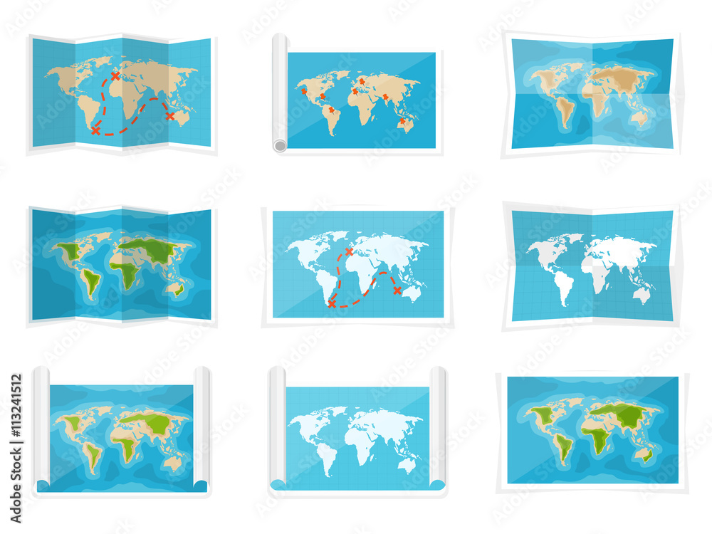 World map in a flat style. Earth, globe. Navigation. Route and ...