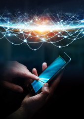 Aufkleber - Businesswoman connected his mobile phone to the world