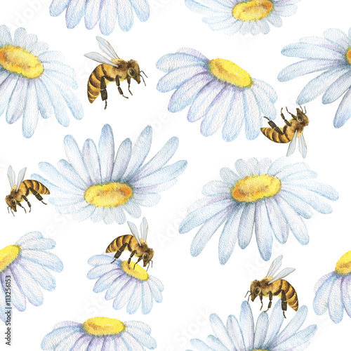 Cotton fabric Watercolor seamless pattern with flowers chamomile and bee.