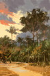 summer landscape painting,road leading to the tropical forest