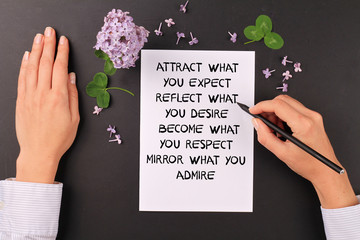 Wall Mural - Inspiration motivation quote for woman attract what you expect reflect what you desire become what you respect. Success, Grow, Life, Happiness concept