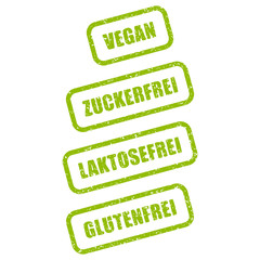 Wall Mural - Stempel-Set: VEGAN, ZUCKERFREI, LAKTOSEFREI, GLUTENFREI – Vektor, grunge, grün, freigestellt