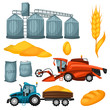Agricultural set of harvesting items. Combine harvester, tractor and granary