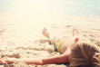 Suntan Boy Lie Down Sand Sea Sunny Day Travel