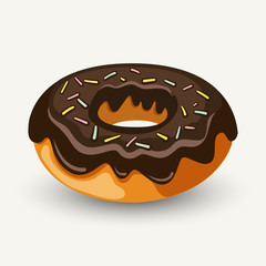 Hand drawn ring doughnut glazed with chocolate and topped with colorful sprinkles. Modern stylish vector illustration isolated on white background.