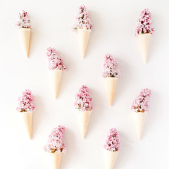  cones with lilac on white background. Flat lay composition, top view