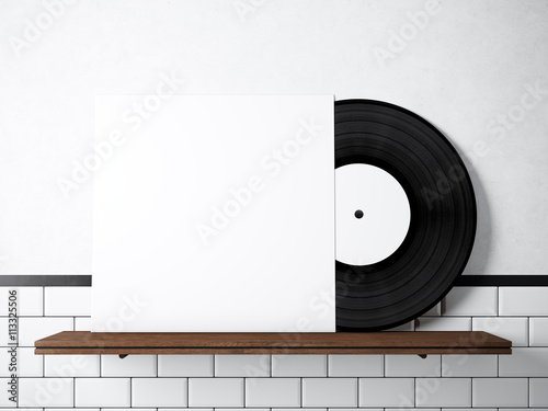 Photo Vinyl Music Album Template On Natural Wood Bookshelf White