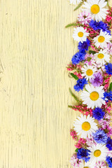 Canvas Print - Meadow flowers on yellow rustic wooden background.