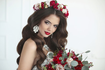Wall Mural - Makeup. Wedding Hairstyle. Beautiful bride brunette woman with b