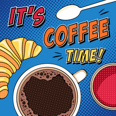 Comic morning pop art illustration with coffee cup