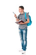 © DenisNata - Full length portrait of a caucasian guy carrying some books and a backpack, isolated on white background. Smart  student of college or university writes in a notebook lecture.
