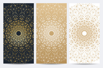 Poster - Modern set of vector flyers. Molecule and communication background. Geometric abstract round golden forms. Connected line with dots. Graphic composition for medicine, science, technology, chemistry.