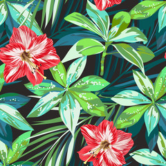 Wall Mural - Bright colorful tropical seamless background with leaves and flowers