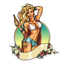 Party Girl In Bikini With Beer Bottle. Label.