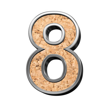 One digit from cork with silver shiny frame alphabet set, isolated on white. 3D illustration.