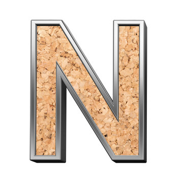 One letter from cork with silver shiny frame alphabet set, isolated on white. 3D illustration.