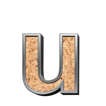 One lower case letter from cork with silver shiny frame alphabet set, isolated on white. 3D illustration.