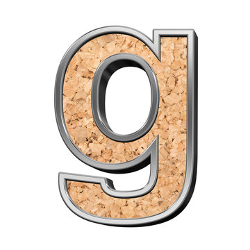 One lower case letter from cork with silver shiny frame alphabet set, isolated on white. 3D illustration.