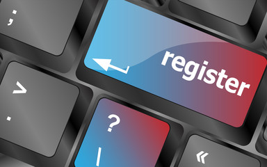 Poster - The word Register on a green computer keyboard key to illustrate e-commerce or signing up entering to join a new website, store, or attend an event