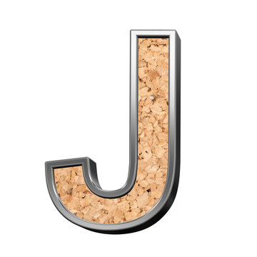 One letter from cork with silver shiny frame alphabet set, isolated on white. 3D illustration.