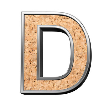 One letter from cork with silver shiny frame alphabet set, isolated on white. 3D illustration.