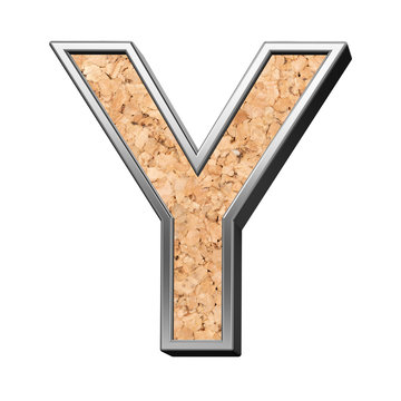 One letter from cork with silver shiny frame alphabet set, isolated on white. 3D illustration.