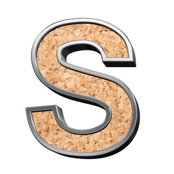 One letter from cork with silver shiny frame alphabet set, isolated on white. 3D illustration.