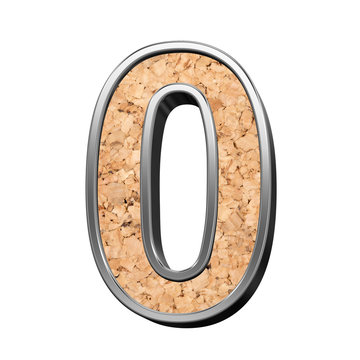 One digit from cork with silver shiny frame alphabet set, isolated on white. 3D illustration.