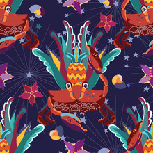 Exotic Tropical Crab Seamless Pattern.