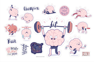 Brain stickers fitness printable set, cartoon vector isolated images with cutting path and lettering, a part of Brain collection