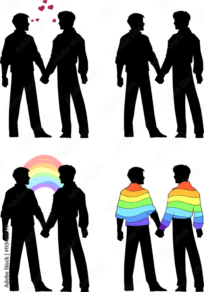 Illustration of two gay men holding hands in black silhouettes isolated ...
