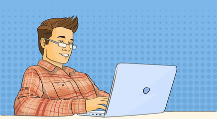 Poster - Casual Man Work Laptop Computer Pop Art Colorful Retro Style