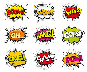 Wall Mural - Comic sound effects in pop art vector style. Sound bubble speech with word and comic cartoon expression sounds illustration
