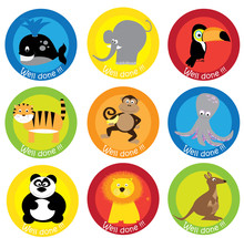 Set Of Cute Cartoon Motivational Stickers With Wild Animals / Well Done Text