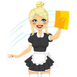 Beautiful blonde woman in maid dress working cleaning window with yellow cloth