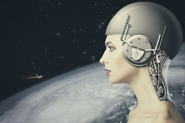 cyborg woman, abstract science and technology backgrounds. nasa