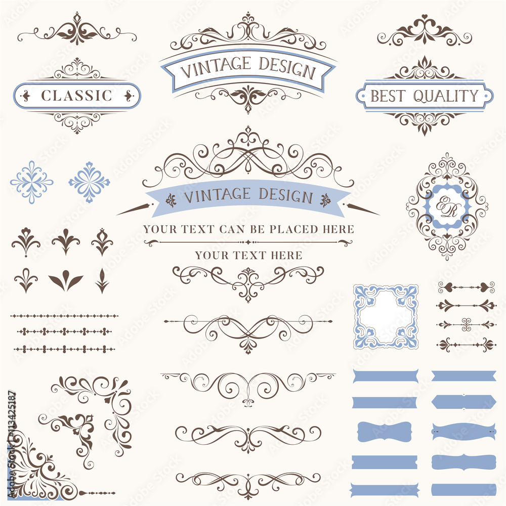 Ornate retro labels, flourishes elements, calligraphy swirls, corner ...