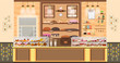 interior of bake shop, bake sale, business of baking sales, bakery and baking for production of bakery