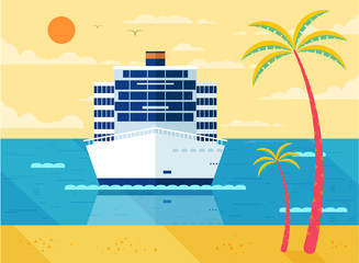 Wall Mural - illustration of cruise ship in sea, front view, near beach, palm trees